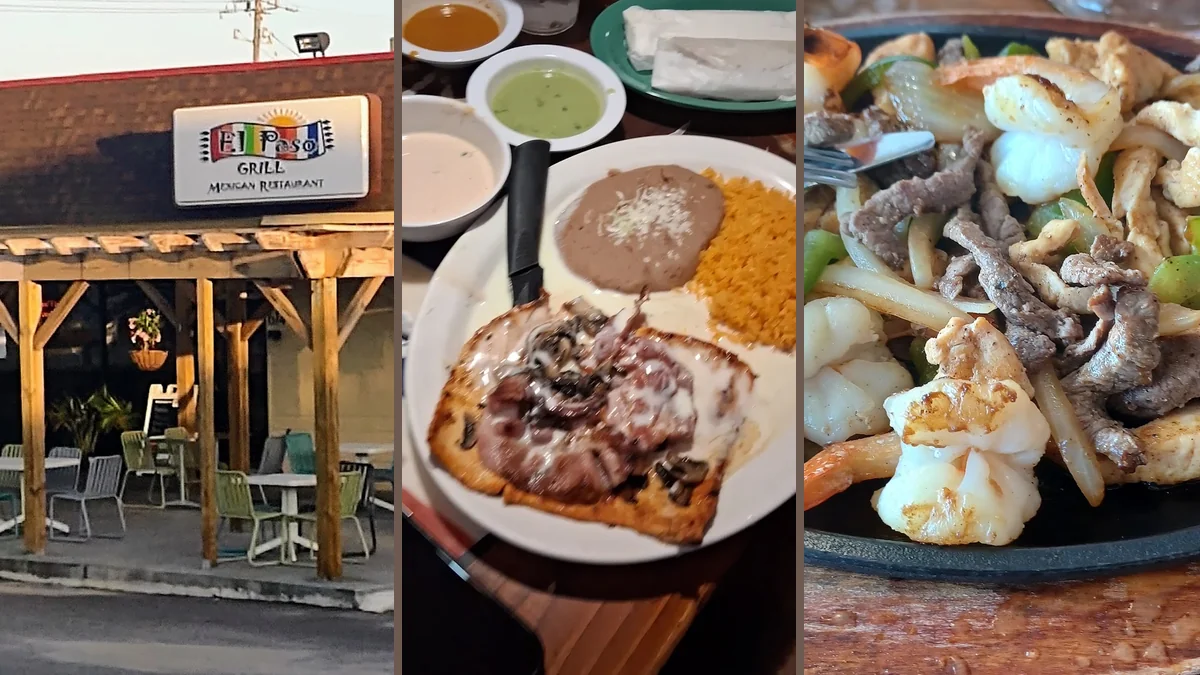 Colorful plates of Mexican dishes on a restaurant table.